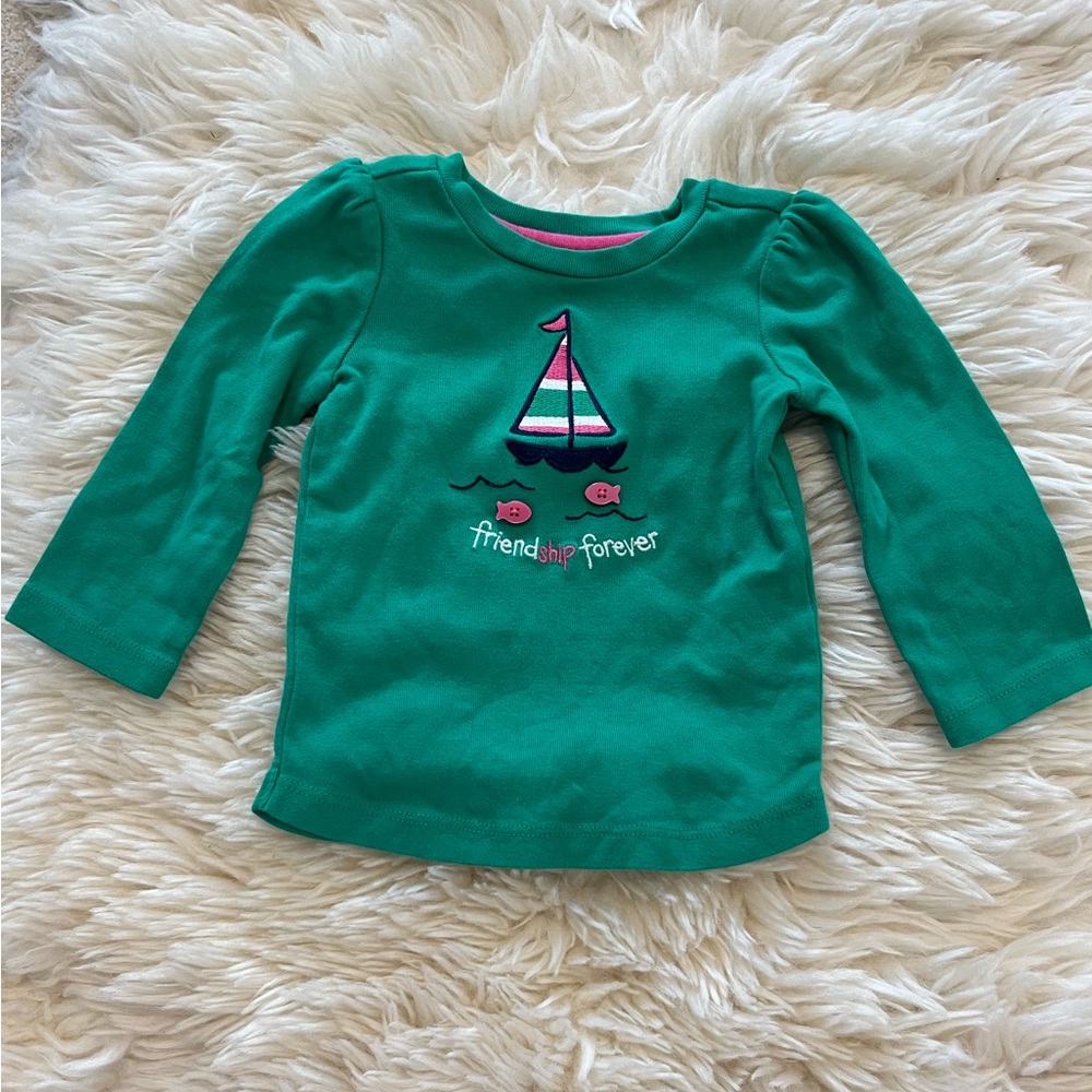 Long sleeve green and pink nautical shirt with sailboat